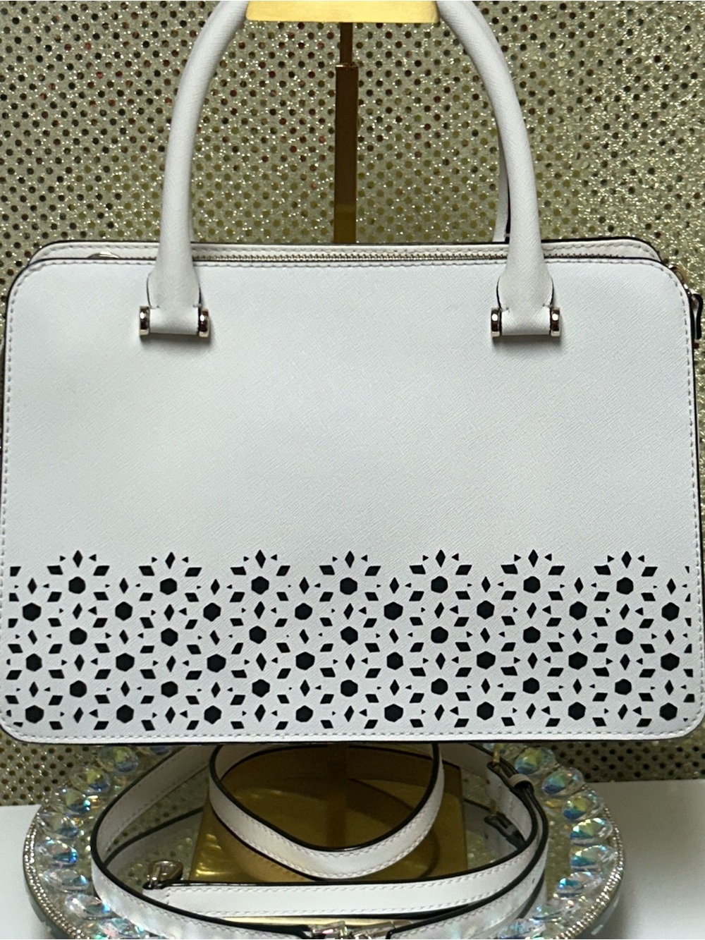 kate spade White Laser-Cut Floral Top-Handle Satchel Approx. 11.5 x 8 x 5 - Picture 3 of 17